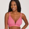 The Palm Lace Busty Bralette: Pink Hibiscus -Livery Store 1 on model front palm lace busty bralette pink hibiscus