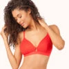 The Palm Lace Busty Bralette: Tomato Red -Livery Store 1 on model front palm lace busty bralette tomato red