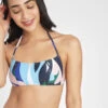 The Swim Straight Up Halter: Retro Floral -Livery Store 1 on model front swim straight up halter paint brush