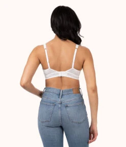 The Crochet Lace Plunge Bralette: Fresh White -Livery Store 3 on model back crochet lace plunge bralette fresh white