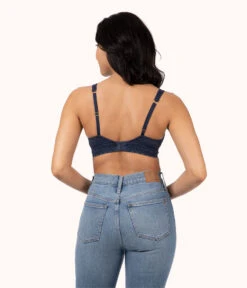 The Crochet Lace Plunge Bralette: Navy -Livery Store 3 on model back crochet lace plunge bralette navy