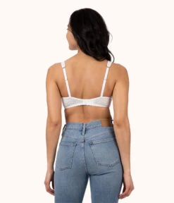 The Crochet Lace Unlined Plunge Bra: Fresh White -Livery Store 3 on model back crochet lace unlined plunge bra fresh white