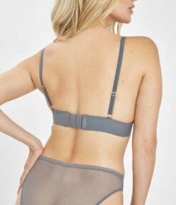 The Long-Lined Lace Bralette: Smoke -Livery Store 3 on model back long lined lace bralette smoke