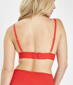 The Long-Lined Lace Bralette: Tomato Red -Livery Store 3 on model back long lined lace bralette tomato