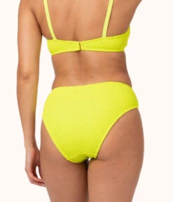 The Swim Ruched High Waist Bikini Bottom: Electric Lime -Livery Store 3 on model back ruched high waist bikini electric lime