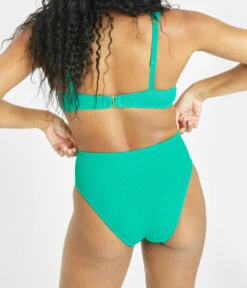 The Swim Ruched High Waist Bikini Bottom: Aquamarine -Livery Store 3 on model back swim ruched high waist bikini bottom aquamarine