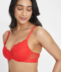 The Lace No-Wire Push-Up: Tomato Red -Livery Store 3 on model front2 lace no wire strapless tomato