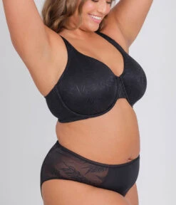The Smooth Lace Minimizer Bra: Jet Black -Livery Store 3 on model side smooth lace minimizer jet black