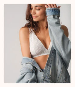 The Crochet Lace Plunge Bralette: Fresh White -Livery Store 4 on model back1 crochet lace plunge bralette fresh white 1