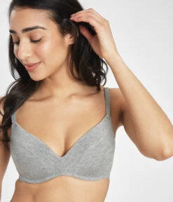 The All-Day No-Wire Push-Up Trio: Heather Gray/Jet Black/Toasted Almond -Livery Store 4 on model front all day no wire push up heather gray