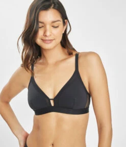The Mesh Trim Padded Bralette Trio: Toasted Almond/Jet Black/Smoke -Livery Store 4 on model front mesh trim padded bralette jet black