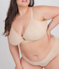 The Palm Lace Busty Bralette: Toasted Almond -Livery Store 4 on model front1 palm lace busty bra toasted almond