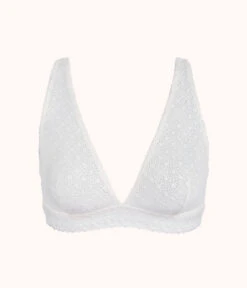 The Crochet Lace Plunge Bralette: Fresh White -Livery Store 4 product flat front crochet lace plunge bralette fresh white