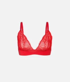 The Long-Lined Lace Bralette: Tomato Red -Livery Store 4 product flat front lace lined lace bralette tomato