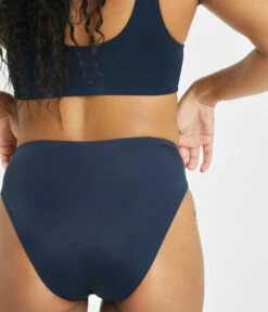 The Plunge Bralette & High Waist Swim Bundle: Navy -Livery Store 6 on model back swim high waist bikini bottom navy