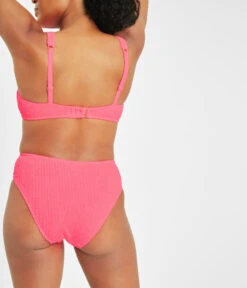 The Ruched Plunge Bralette & High Waist Swim Bundle: Electric Pink -Livery Store 6 on model back swim ruched bikini bottom electric pink