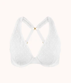 The Crochet Lace Unlined Plunge Bra: Fresh White -Livery Store 6 product flat front1 crochet lace unlined plunge bra fresh white